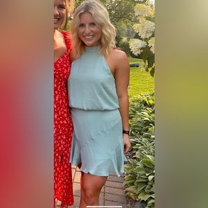 Asymmetrical Flare Halter Mini Dress in Beachglass